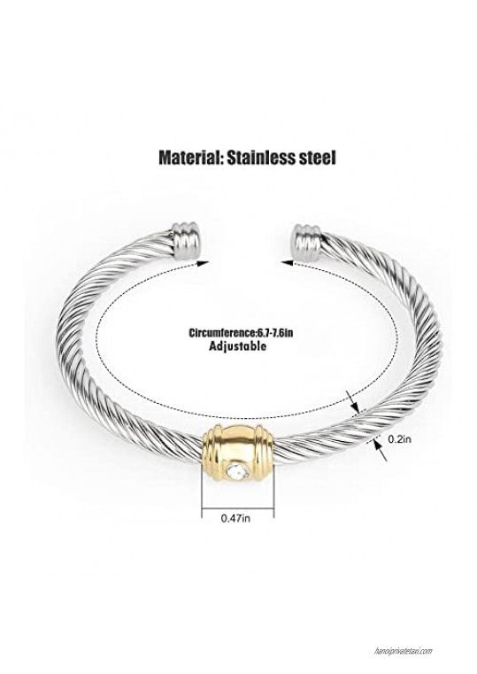 Winhime Designer Brand Inspired Bracelet for Women Vintage Cable Bangle Bracelets with Diamonds for Teen Girls Stainless Steel Twisted Wire Cable Cuff Bracelet in Two Tone Silver Gold