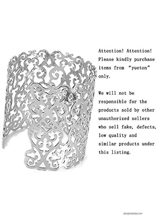 Yueton Metal Circle Artistic Hollow Flower Pattern Open End Cuff Bangle Bracelet (Silver)