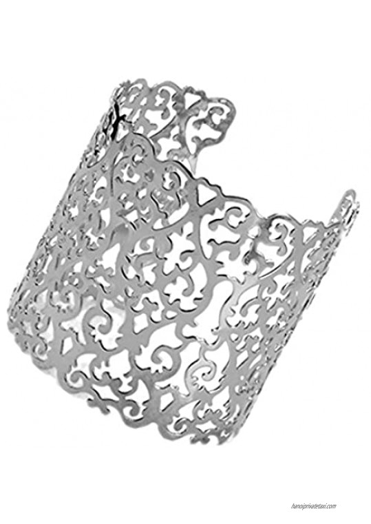 Yueton Metal Circle Artistic Hollow Flower Pattern Open End Cuff Bangle Bracelet (Silver)