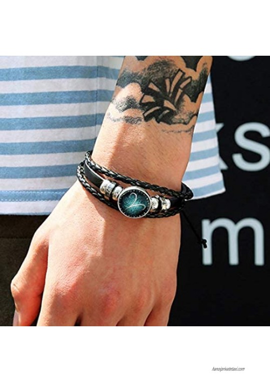 zodiac bracelet for men Stainless Steel Personality Vintage Punk Black Leather Bracelets for Men Women