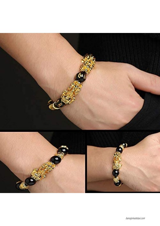 2 Pieces Feng Shui Bracelets Mantra Amulet Bead Obsidian Bracelets with Gold Plated Pi Xiu/Pi Yao for Women Men Adjustable Elastic - Good Luck Wealt (12mm)