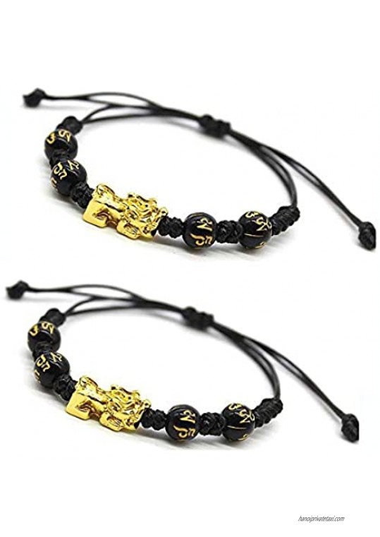 2PCS Pi Xiu/Pi Yao Obsidian Feng Shui Bracelet  Mantra Amulet Alloy Wealth Adjustable Braided Bracelet for Women Men Girls