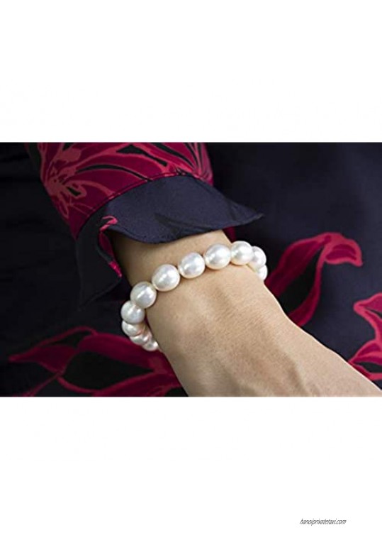 9.5mm-11mm AAAA White Semi-Baroque Oval Freshwater Cultured Pearl Bride & Bridesmaid Stretch Strand Bracelet - 7 & 8