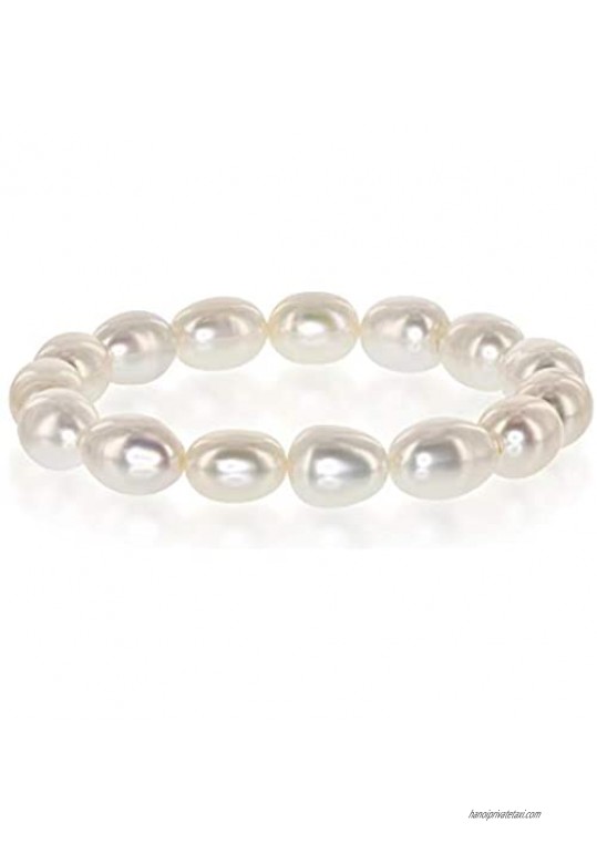 9.5mm-11mm AAAA White Semi-Baroque Oval Freshwater Cultured Pearl Bride & Bridesmaid Stretch Strand Bracelet - 7" & 8"