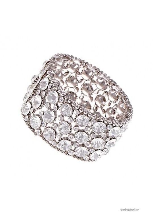 Alilang Silvery Tone Shiny Clear Crystal Rhinestones Flower Stretch Bridal Cuff Bangle Bracelet