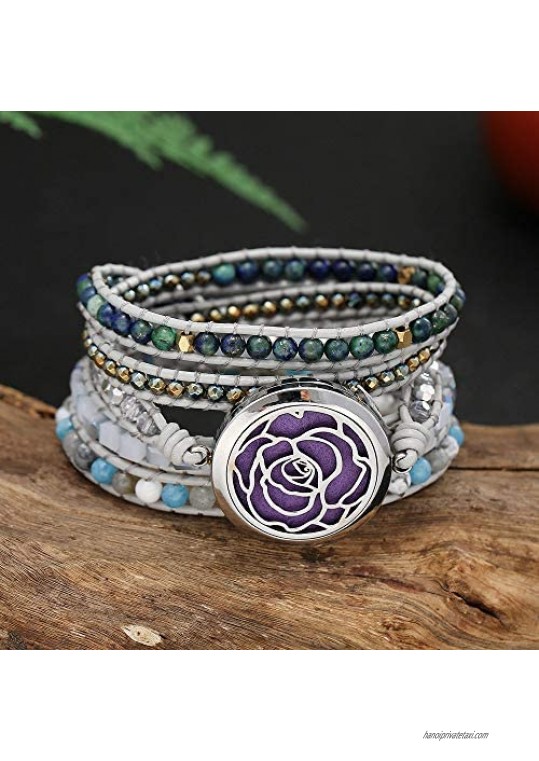 Aromatherapy Essential Oil Diffuser Bracelets Stainless Steel Locket Stone Bead Wrap Leather Bracelet with 7 Color Felt Pads