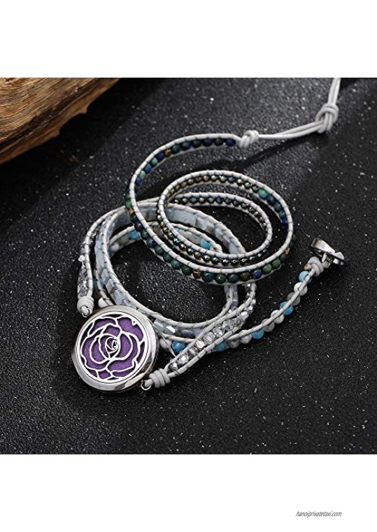 Aromatherapy Essential Oil Diffuser Bracelets Stainless Steel Locket Stone Bead Wrap Leather Bracelet with 7 Color Felt Pads