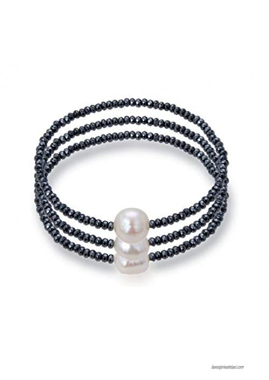Baroque Pearl Hematite Bracelet White Freshwater Cultured Pearl 3 Rows Stretch Bracelet for Women 7.5inch