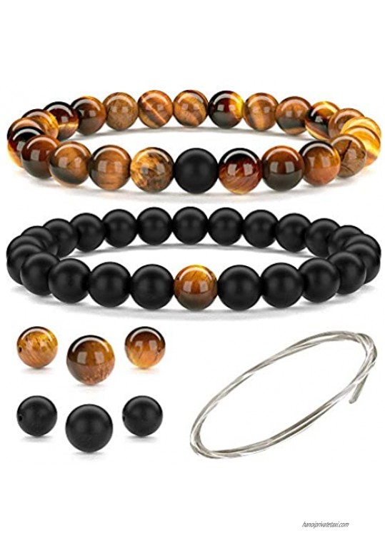 Beaded Gemstone Bracelets for Men and Women: Lava  Onyx and Tiger Eye Bracelet Sets with Spare Beads and Stretch Cord - Mens and Womens Boho Jewelry - 7.25 Inch Bead Bracelet 8mm Beads