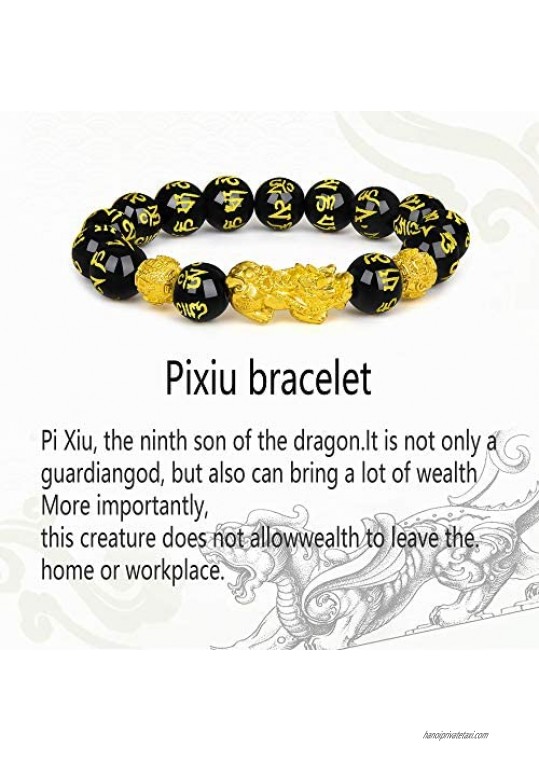 Feng Shui Black Obsidian Wealth Bracelet 12mm Beaded Pixiu Bracelets for Men Sanskrit Hand Carves Mantra Bands for Women Bracelets
