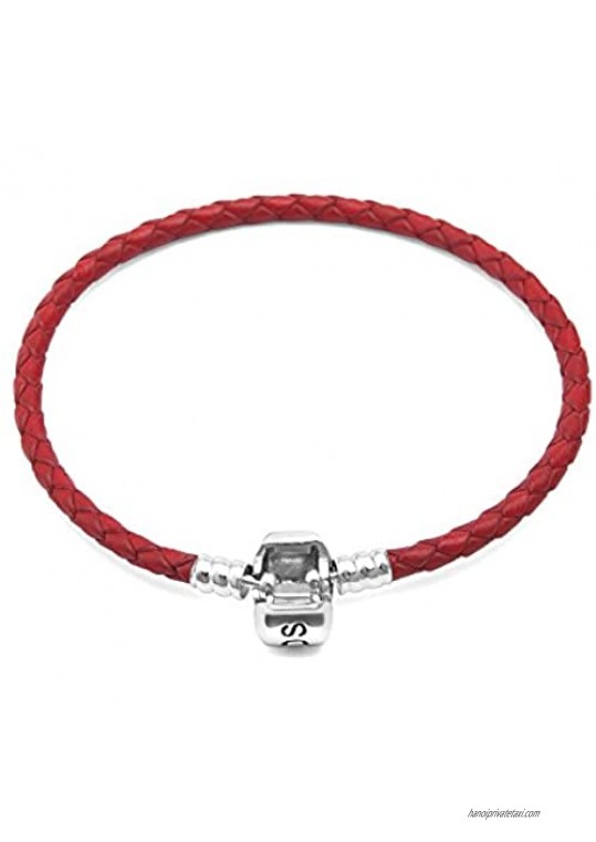 Hoobeads Genuine Red Leather Woven Bracelet with 925 Sterling Silver Barrel Snap Clasp Charms Bracelet