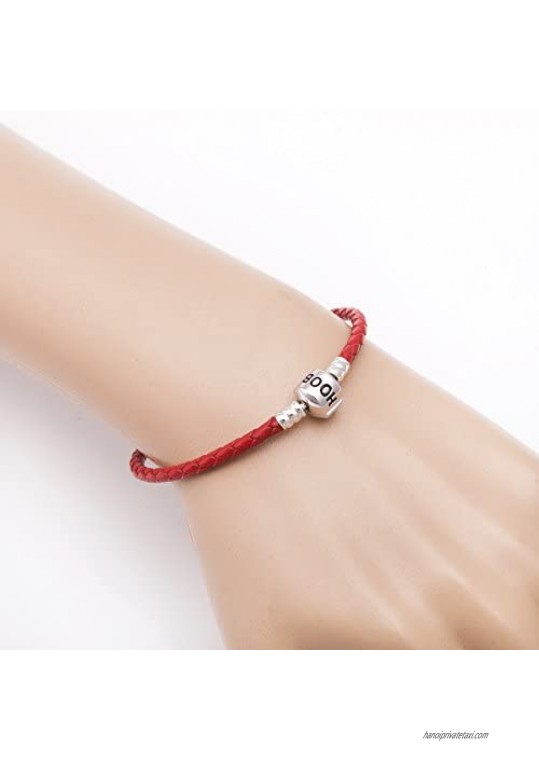 Hoobeads Genuine Red Leather Woven Bracelet with 925 Sterling Silver Barrel Snap Clasp Charms Bracelet