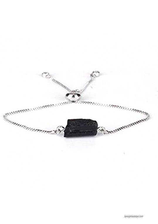 Hynsin Natural Rough Black Tourmaline Mineral Healing Calm Energy Stone Bead Adjustable Silver Dainty Link Bracelets for Women