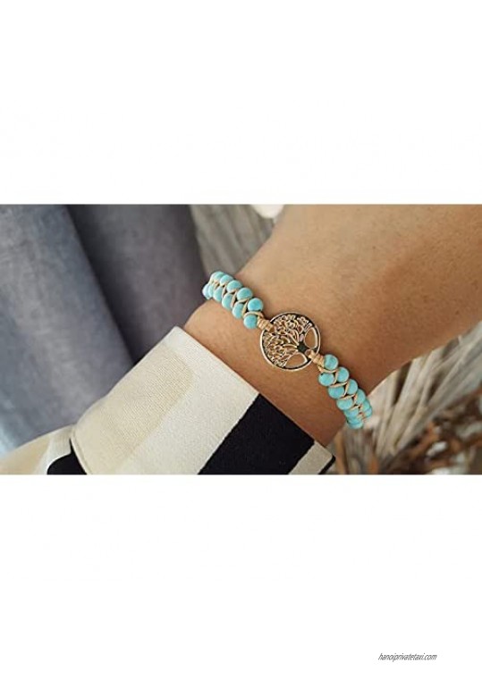 Jinxiuge Tree of Life Turquoise Stone Bracelet for Women Girls Handmade Braided Layered Bead Bracelet with Black Gift Box