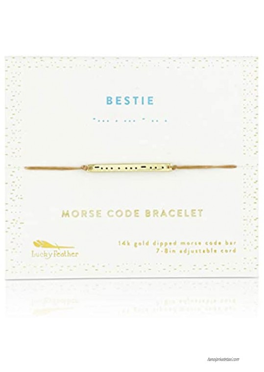 Lucky Feather Morse Code Bracelets for Women and Girls - 14K Gold Dipped Bar with Secret Message Engraved on Adjustable 7 - 8 Cord - Friendship Bracelet Gift for Her