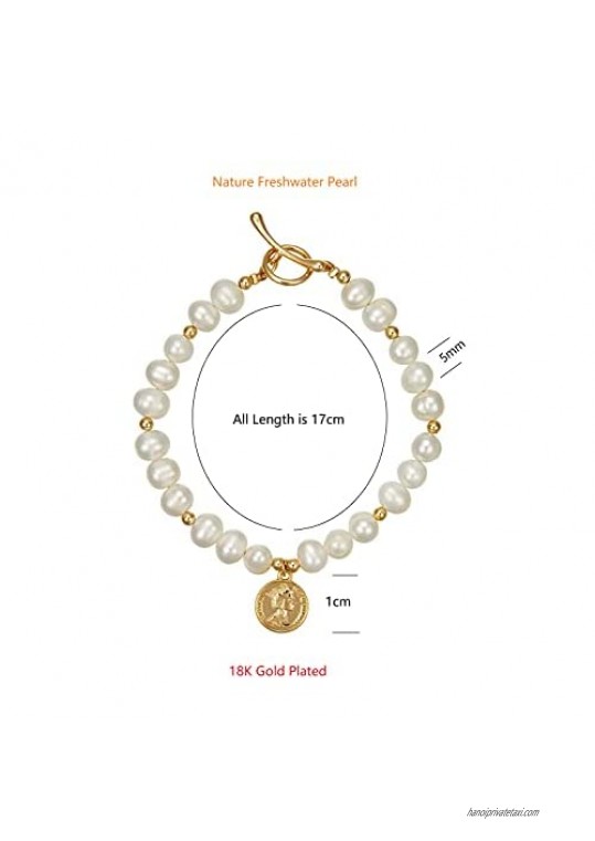 Pearl Bracelet with Coin Charm 6mm Handpicked Pearl Chain 18k Gold Plated Delicate Vintage Y2k Jewelry Gifts for Mom Women Girls