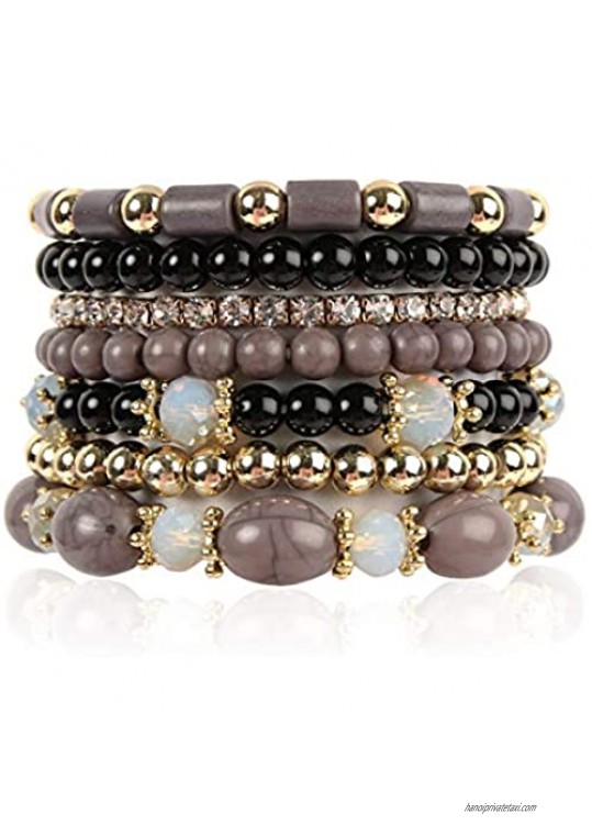 RIAH FASHION Multi Layer Bead Bracelet - Colorful Stacking Beaded Strand Stretch Cuff Statement Bangles Set