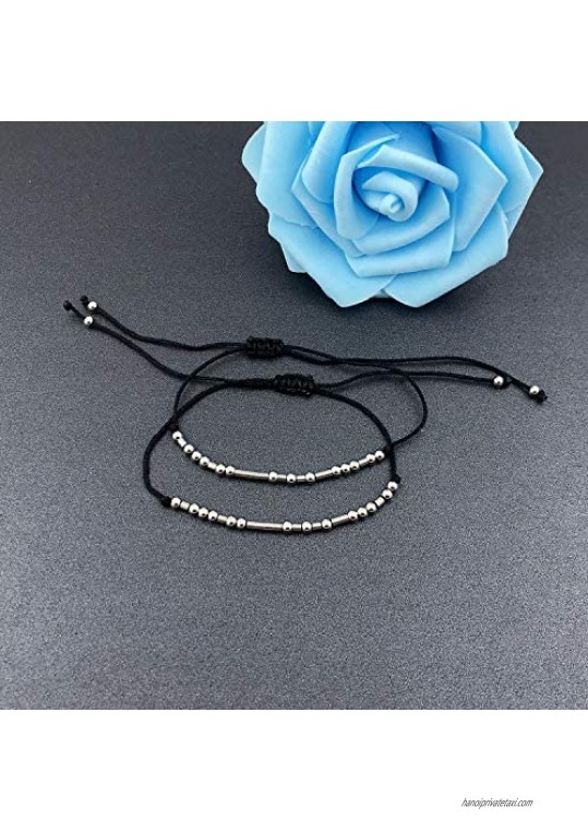 RONLLNA Best Friend Morse Code Bracelet 2Pcs Set Stainless Steel Beads on Silk Cord Friendship BFF Bracelet Gift for Her Women Girl