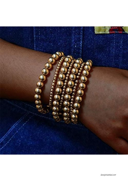 The Woo's Stackable Flat Brass Bead Ball Stretch Bracelet Bangle Set Gold Beaded Bracelets Bead Ball Stretchable Elastic Bracelet Simple Delecate Jewelry for Women Girl