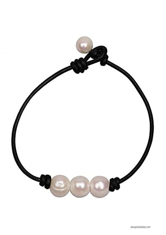 Three Pearl Bracelet for Women Cultured Freshwater Pearls Leather Jewelry Handmade Knot Bangles