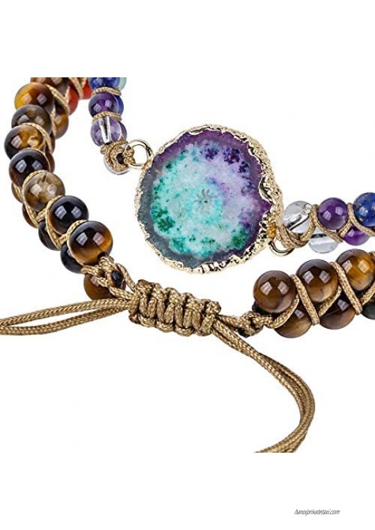 TUBMEELLUWA 7 Chakra Crystal Stones Braided Beaded Bracelet Adjustable Strand Beads Bracelet Double Layers Bangle Gold Plated Base
