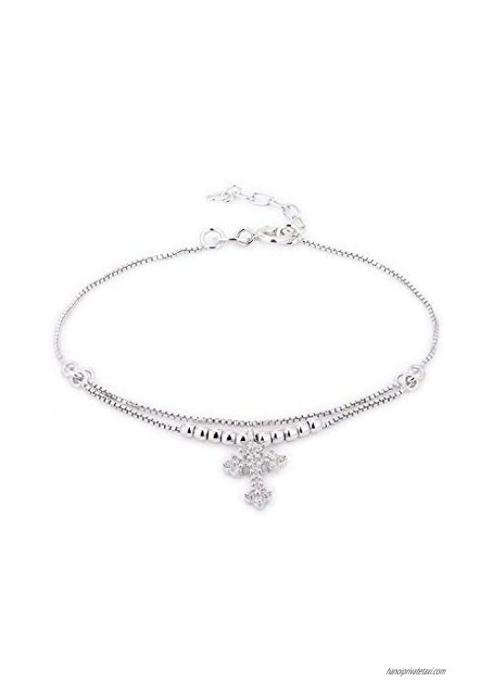 Vanbelle Sterling Silver Jewelry Beaded Chain Bracelet & Hanging Florentine Cross with Cubic Zirconica Stones and Rhodium Plated for Women and Girls