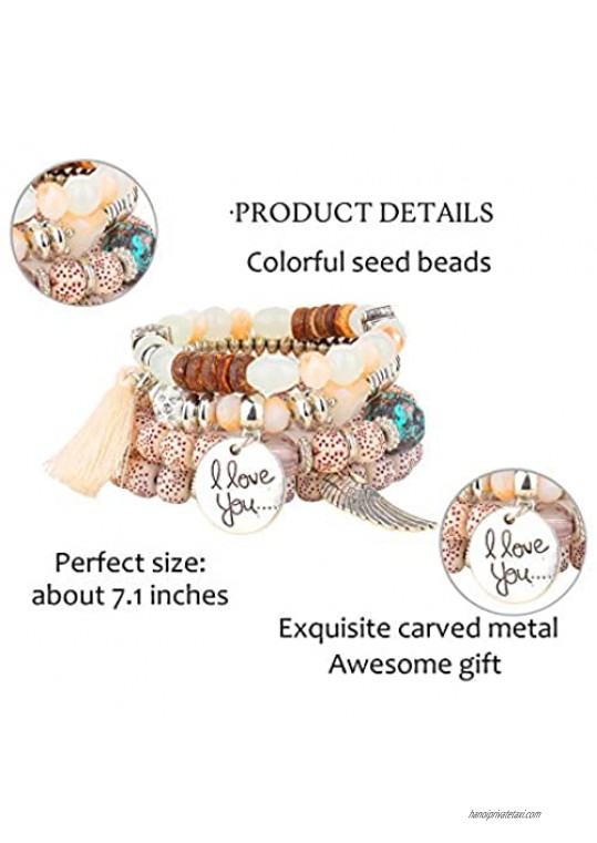 YADOCA 6 Sets Bohemian Stackable Bead Bracelets for Women Boho Stretch Multilayered Bracelet Set with Charms Colorful Jewelry Set
